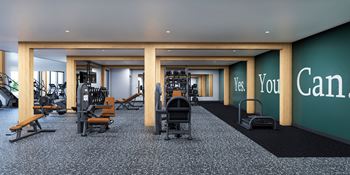 a gym with weights and cardio machines and a green wall